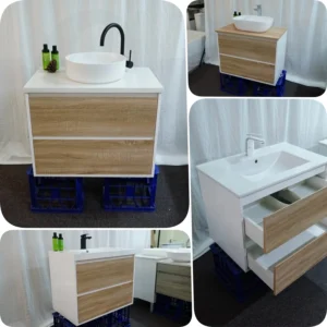 *Sale* 750mm Duo White Oak Two Tone Wood Grain Wall Hung Vanity Unit