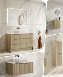 Mercio 1200mm Rhea Fluted Wood Grain Nature Oak Floor Standing Vanity Stone Top