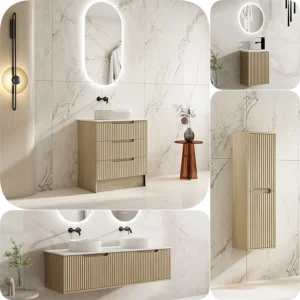Mercio 750mm Rhea Fluted Wood Grain Nature Oak Floor Standing Vanity Stone Top
