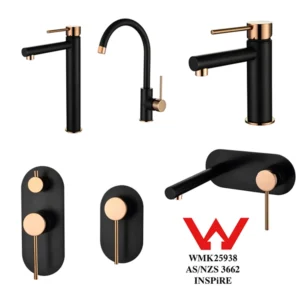INSPiRE Otti Roul Rose Gold Sink Basin Wall Mixer Diverter Tapware