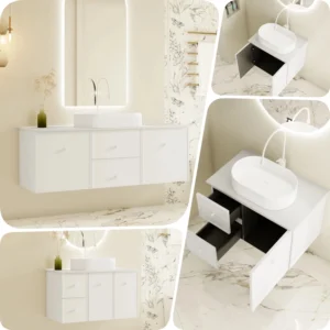 Mercio Seattle 1500mm Mercio Seattle Matte White Shaker Style Wall Hung Vanity / Stone Top