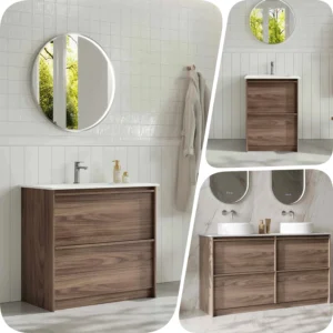 Mercio 900mm Bella Fluted Wood Grain Nature Oak Floor Standing Vanity Stone Top