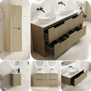 Mercio 1500mm Rhea Fluted Wood Grain Nature Oak Floor Standing Vanity Stone Top
