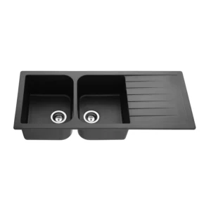 Poseidon 1160 x 500mm Quartz Black Double Granite Kitchen Sink with Drain Top-Mount / Under-Mount