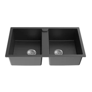Poseidon 860 x 500mm Quartz Black Double Granite Kitchen Sink Top-Mount / Under-Mount