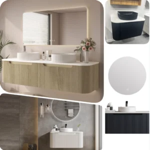 1800mm ROME Fluted Curved Wood Grain Oak White Black Wall Hung Vanity Stone Top