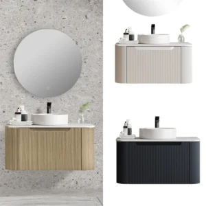 750mm ROME Fluted Curved Wood Grain Oak White Black Wall Hung Vanity Stone Top
