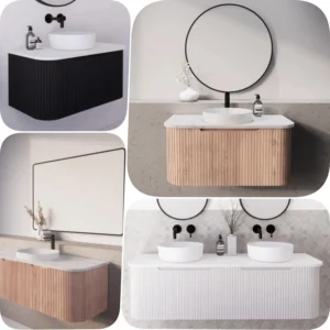 Riva 900mm Bergen Fluted Curved Timber Veneer / Matte White / Matte Black Vanity