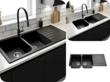 Poseidon 1160 x 500mm Quartz Black Double Granite Kitchen Sink with Drain Top-Mount / Under-Mount