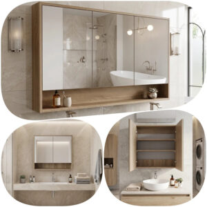 600- 1500mm Milan White Oak Timber Wood Grain Mirror Cabinet with Shelf