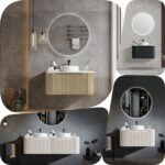 600mm ROME Fluted Curved Wood Grain Oak White Black Wall Hung Vanity Stone Top