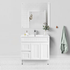 ACACIA 600-1500mm Matte White Shaker Hampton Floorstanding Vanity w Ceramic Top