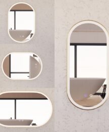 Riva 450 600 1200mm Pill Shape Brushed Gold Framed LED Mirror /Demister/Dimmable