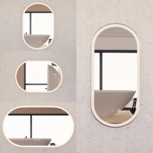Riva 450 600 1200mm Pill Shape Brushed Gold Framed LED Mirror /Demister/Dimmable