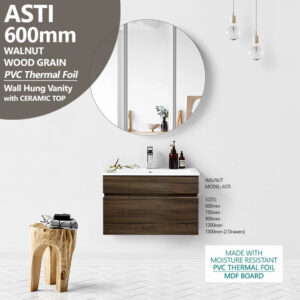 ASTI 600mm Walnut Oak PVC Thermal Foil Timber Wood Grain Wall Hung Vanity