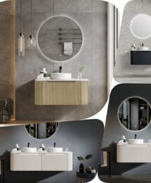 750mm ROME Fluted Curved Wood Grain Oak White Black Wall Hung Vanity Stone Top