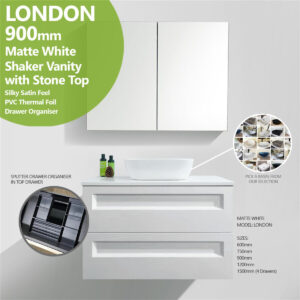900mm London Shaker Hampton Style Matte White Stone Top