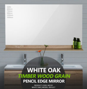 REFLECT 600 750 900 1200 1500mm White Oak Timber Wood Grain Mirror with Shelf