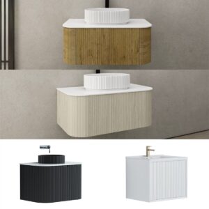 900mm BRONTE 500mm depth Prime Oak Coastal Oak Fluted Panel Curved Vanity Stone