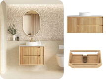Otti Byron 750mm Fluted Plywood Timber Look Woodland Oak Wall Hung Vanity Stone