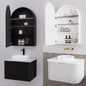 600mm Riva London Matte White / Black Arch Shape Plywood Mirror Shaving Cabinet