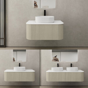 BRONTE 750mm-1500mm Coastal Oak Wood Grain Curved Wall Hung Vanity w Stone Top