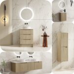 Mercio 600mm Rhea Fluted Wood Grain Nature Oak Floor Standing Vanity Stone Top