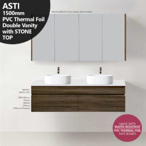Stone Top ASTI 1500mm Walnut Timber Wood Grain PVC THERMAL FOIL Wall Hung Vanity