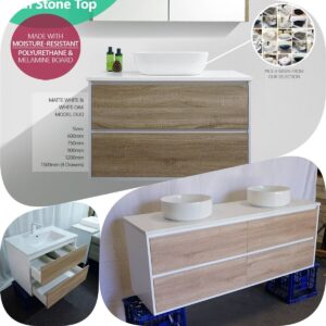 1500mm Duo Two Tone Matte White /Oak Wood Grain Wall Hung Vanity Stone Top
