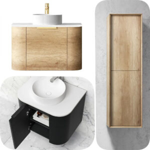 600mm BONDI Curved Woodland Grain Plywood Vanity & Shaving Cabinet Tall Boy