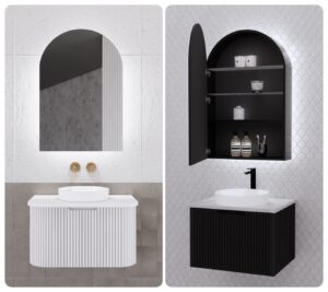 600mm Arch Riva LED IP67 Plywood Paris Mirror Shaving Cabinet Matte White & Matte Black