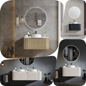 900mm ROME Fluted Curved Wood Grain Oak Black White Wall Hung Vanity Stone Top