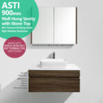 Clearance ! Stone Top ASTI 900mm Walnut Timber Wood Grain Wall Hung Vanity