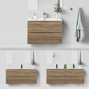 QUBIST 600mm-1500mm White Oak Timber Wood Grain Wall Hung Vanity Ceramic Top