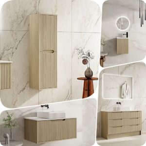 Mercio Rhea Fluted Timber Wood Grain Bathroom Tall boy side Cabinet