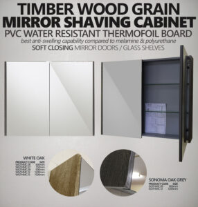 Mirror Shaving Cabinet PVC Timber Wood Grey 750mm height x 600 750 900 1200 1500