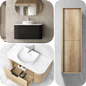 900mm BONDI Curved Woodland Grain Plywood Vanity & Shaving Cabinet Tall Boy
