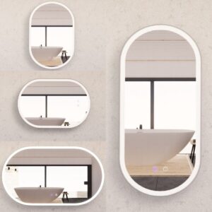 Riva 450 600 1200 Pill Shape Brushed Nickel Framed LED Mirror Demister Dimmable