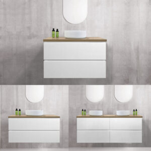 RIVA 600-1500mm White Polyurethane PVC Waterproof Wall Hung Vanity w Timber Top
